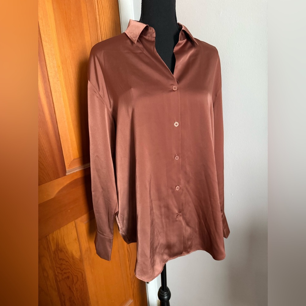 Uniqlo Rust Bronze Silky Button Down Top - Picture 1 of 13